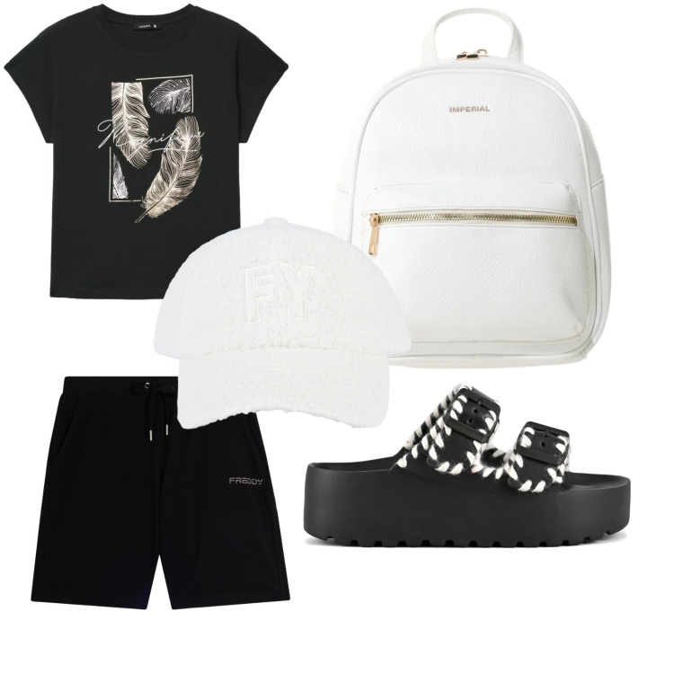 Outfit donna - Black stile. Stile Trendy per Tutti i giorni. Abbinamento con t-shirt, zaini, cappelli con visiera, pantaloni corti, ciabatte.