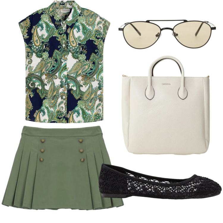Outfit donna - Sofisticate tonalità. Stile Glamour per Tutti i giorni. Abbinamento con camicie, ballerine, minigonne, occhiali da sole, borse a tracolla.