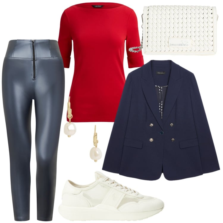 Outfit donna - Colori profondi. Stile Trendy per Tutti i giorni. Abbinamento con borse a tracolla, blazer, pantaloni skinny, sneakers, t-shirt, orecchini.