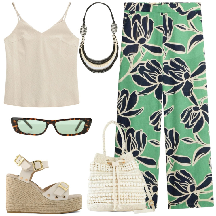 Outfit donna - Un po di verde. Stile Casual chic per Serata fuori. Abbinamento con pantaloni a palazzo, borse a secchiello, canottiere, occhiali da sole, collane, zeppe.