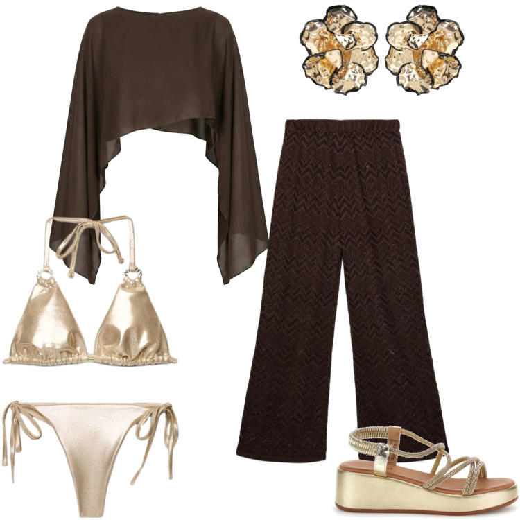 Outfit donna - Sun swim e style. Stile Casual chic per Serata fuori. Abbinamento con bikini, bikini, pantaloni, orecchini, top, sandali.