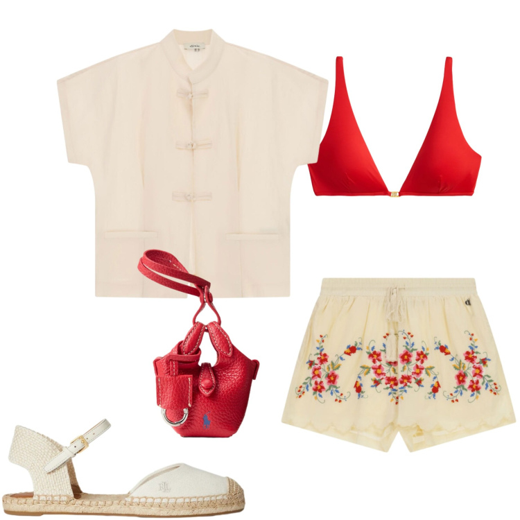 Outfit donna - Sun swim e style. Stile Casual chic per Mare. Abbinamento con camicie a manica corta, shorts, bikini, portachiavi, espadrillas.