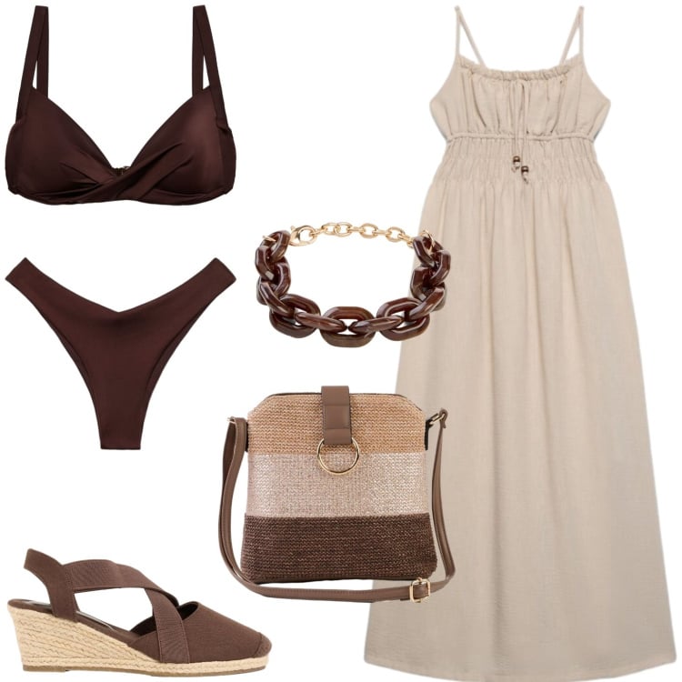 Outfit donna - Giornata al mare. Stile Casual per Mare. Abbinamento con zeppe, borse a tracolla, braccialetti, vestiti lunghi, bikini, bikini.