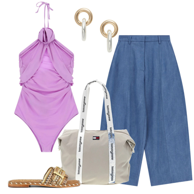Outfit donna - Dal centro alla spiaggia. Stile Basic per Mare. Abbinamento con costumi interi, jeans, orecchini, ciabatte, shopping bag.