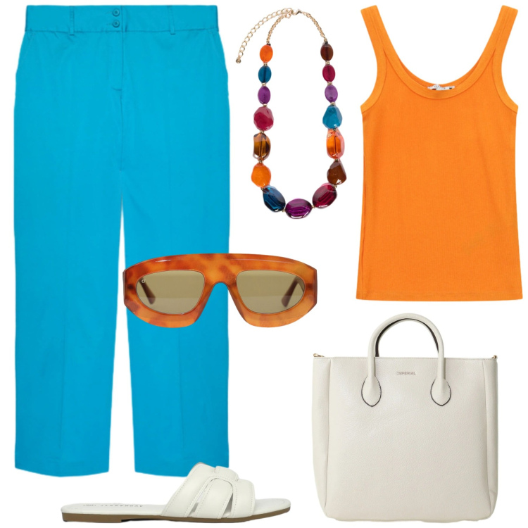 Outfit donna - Sfumature vitaminiche. Stile Glamour per Tutti i giorni. Abbinamento con ciabatte, borse a tracolla, occhiali da sole, top, pantaloni, collane.