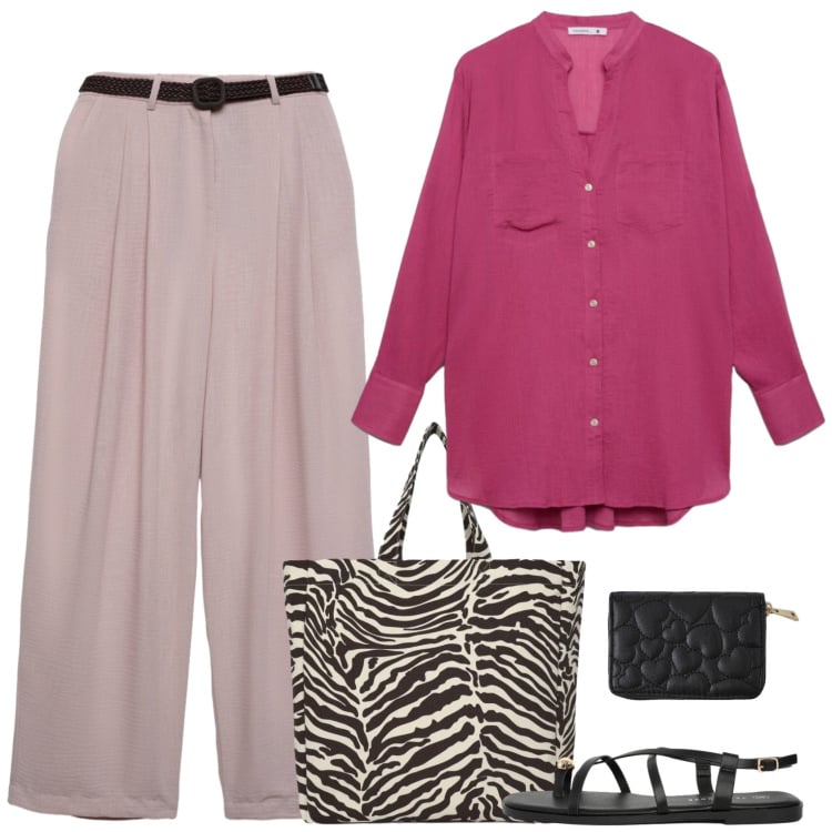 Outfit donna - Fluidità. Stile Basic per Tutti i giorni. Abbinamento con camicie, pantaloni, portafogli, sandali, shopping bag.