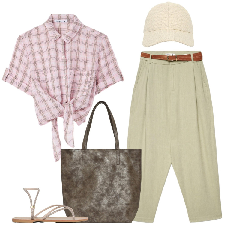 Outfit donna - La camicia col nodo. Stile Casual per Scuola/Università. Abbinamento con shopping bag, cappelli con visiera, sandali, camicie a manica corta, pantaloni chino.