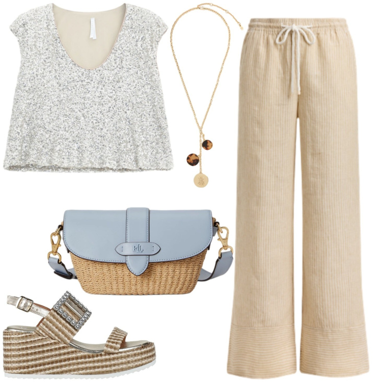 Outfit donna - Colori in movimento. Stile Casual per Tutti i giorni. Abbinamento con sandali in pelle, top, pantaloni, collane, borse a spalla.