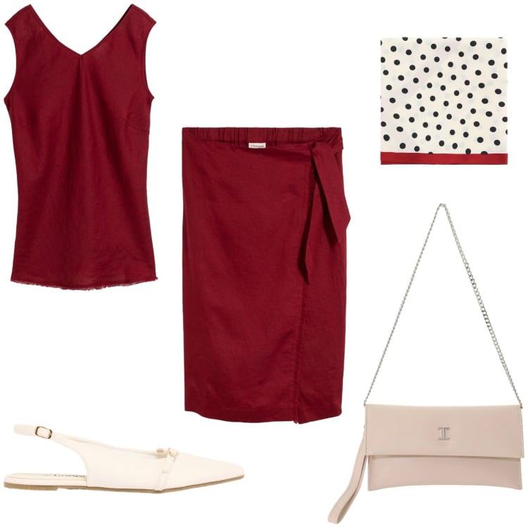 Outfit donna - Al lavoro con stile e la freschezza. Stile Casual chic per Ufficio. Abbinamento con gonne longuette, ballerine, top, borse a tracolla, foulard.