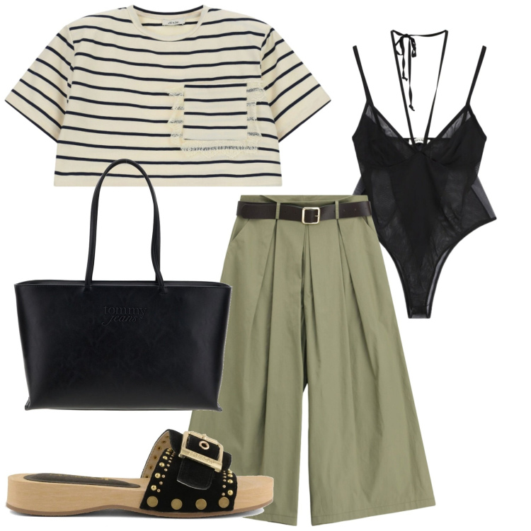 Outfit donna - Total look #2434973. Stile Trendy per Tutti i giorni. Abbinamento con pantaloni a palazzo, t-shirt, body, ciabatte, borse a spalla.