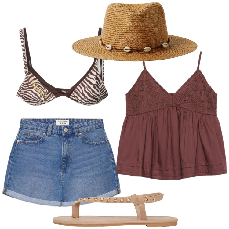 Outfit donna - Total look #2434976. Stile Romantica per Mare. Abbinamento con ciabatte, bikini, cappelli, shorts, canottiere.