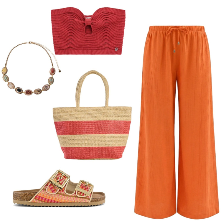 Outfit donna - Tra pimento e curcuma. Stile Casual per Mare. Abbinamento con shopping bag, pantaloni a palazzo, top, collane, sandali.