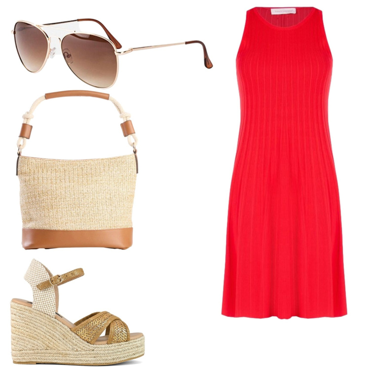 Outfit donna - Total look #2434982. Stile Casual chic per Tutti i giorni. Abbinamento con borse a mano, occhiali da sole, vestiti senza maniche, zeppe.