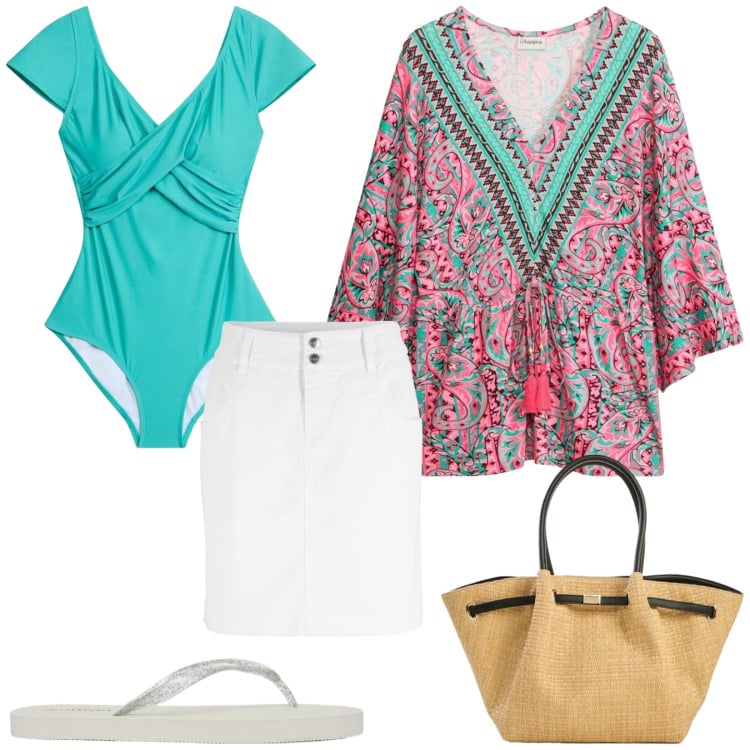 Outfit donna - Total look #2434983. Stile Boho per Mare. Abbinamento con costumi interi, tuniche, shopping bag, gonne, infradito.