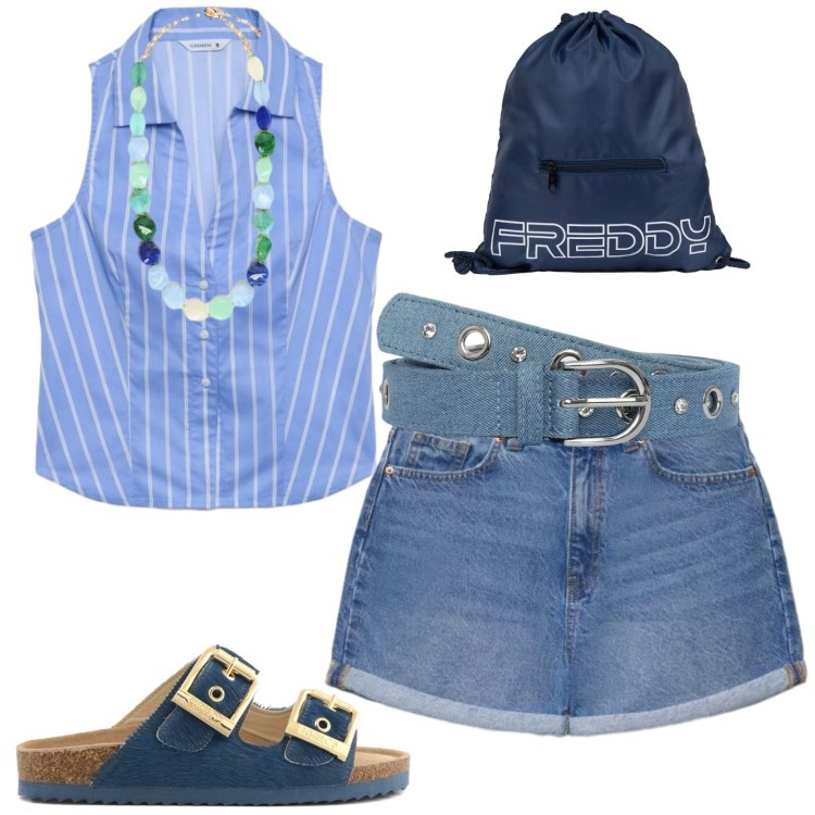 Outfit donna - Vacanza. Stile Casual per Mare. Abbinamento con camicie a manica corta, shorts, cinture, collane, zaini, sandali in pelle.