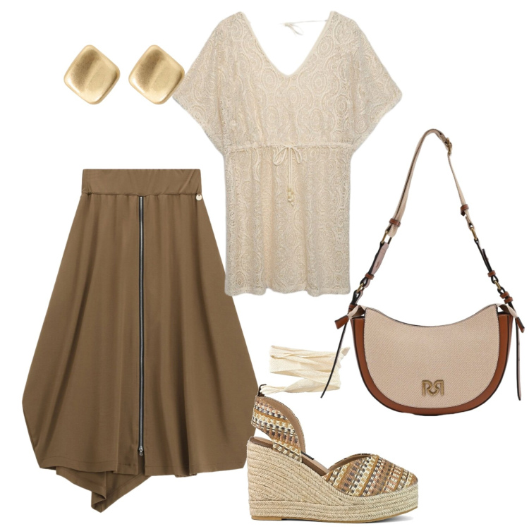 Outfit donna - Total look #2434991. Stile Casual chic per Serata fuori. Abbinamento con caftani, borse a tracolla, gonne longuette, orecchini, zeppe.