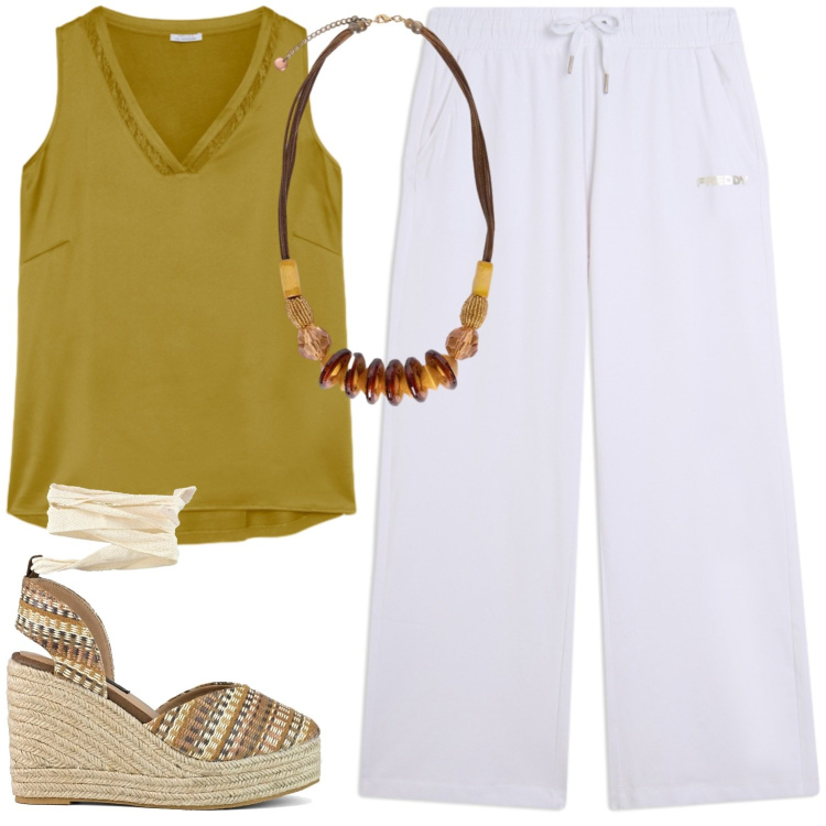 Outfit donna - Speziale. Stile Casual per Tutti i giorni. Abbinamento con top, collane, pantaloni, zeppe.