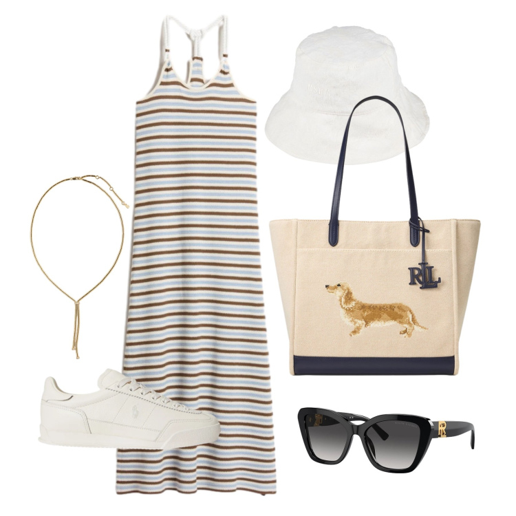 Outfit donna - Luglio. Stile Casual chic per Tutti i giorni. Abbinamento con cappelli, occhiali da sole, sneakers, collane, borse tote, vestiti lunghi.