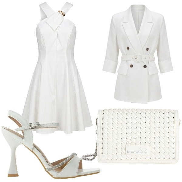 Outfit donna - total white. Stile Glamour per Serata fuori. Abbinamento con borse a tracolla, vestiti corti, blazer, sandali gioiello.
