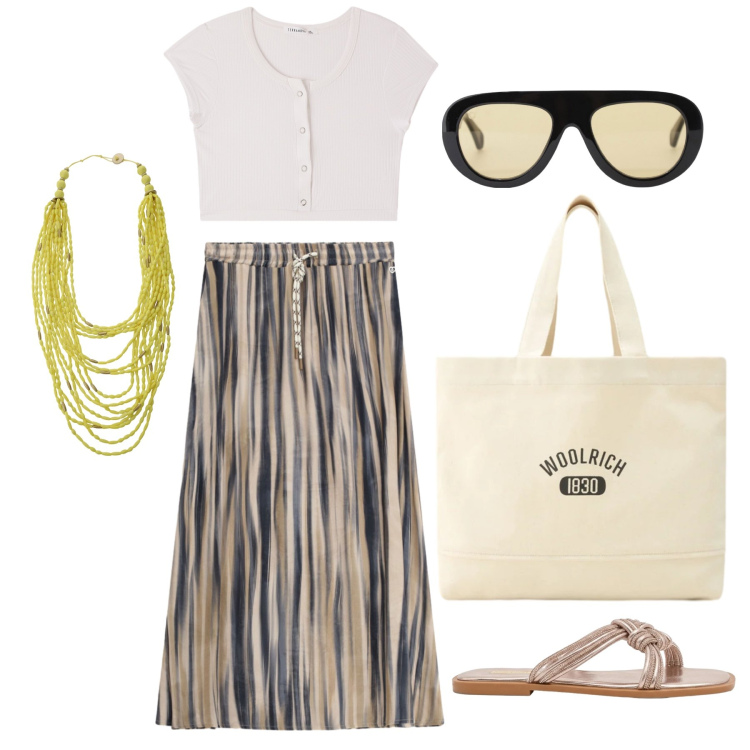 Outfit donna - Luglio. Stile Basic per Tutti i giorni. Abbinamento con top, gonne lunghe, borse tote, sandali, occhiali da sole, collane.