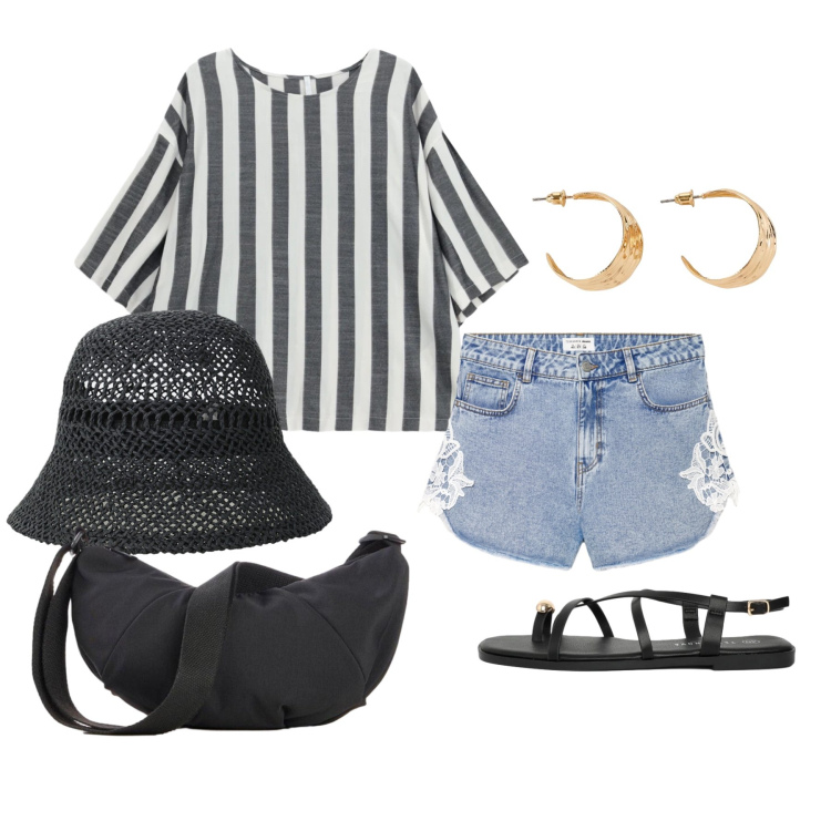 Outfit donna - Luglio. Stile Casual per Tutti i giorni. Abbinamento con orecchini, marsupi, shorts, sandali, cappelli, top.