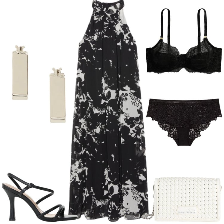 Outfit donna - Total look #2435084. Stile Chic per Serata fuori. Abbinamento con culotte, borse a tracolla, vestiti lunghi, reggiseni, orecchini, sandali col tacco.