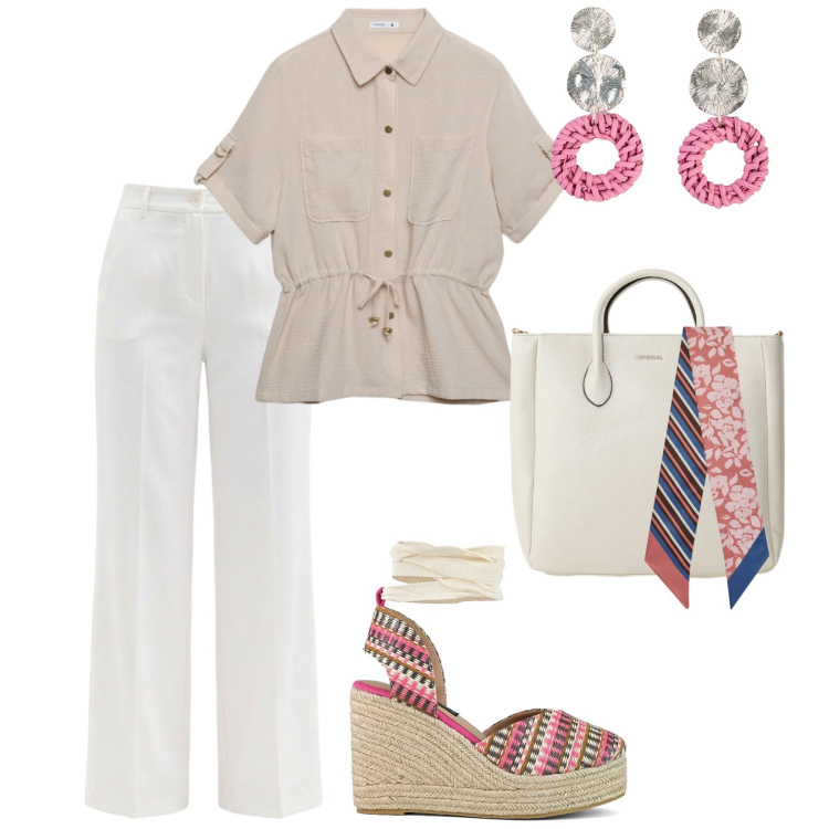 Outfit donna - Leggerezza. per Ufficio. Abbinamento con orecchini, camicie a manica corta, foulard, pantaloni, borse a tracolla, zeppe.