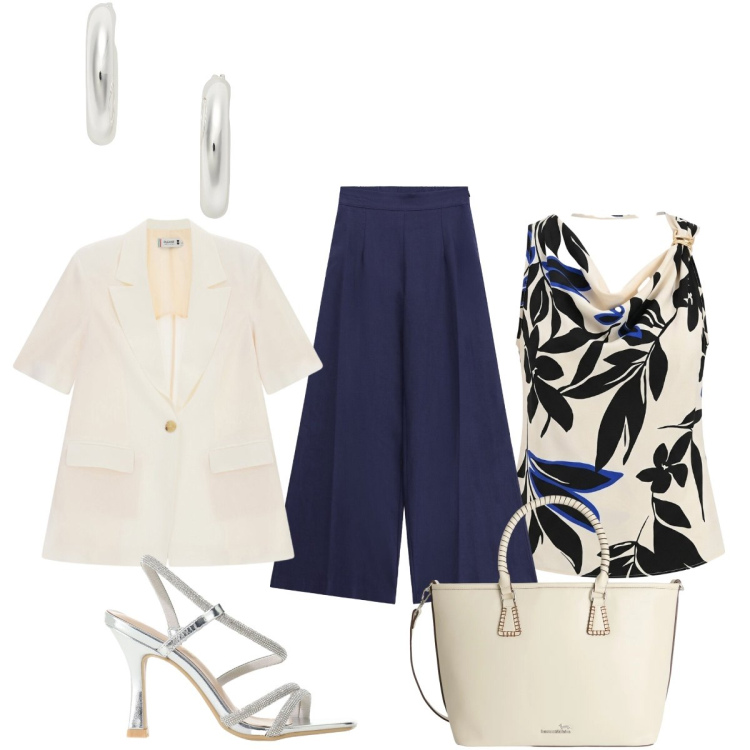 Outfit donna - Eleganza fluida per l’aperitivo. Stile Chic per Tutti i giorni. Abbinamento con canottiere, sandali col tacco, pantaloni a palazzo, blazer, shopping bag, orecchini.