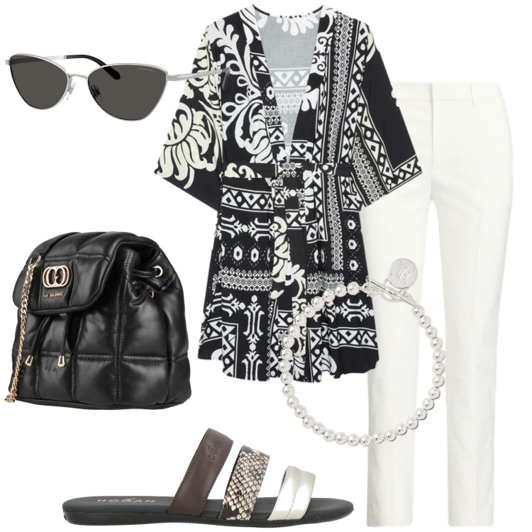 Outfit donna - Black & white. Stile Casual per Tutti i giorni. Abbinamento con sandali in pelle, valigie, caftani, braccialetti, pantaloni, occhiali da sole.