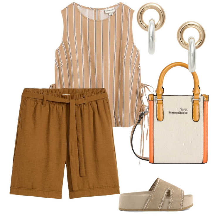 Outfit donna - Zona mare. per Mare. Abbinamento con canottiere, bermuda, borse tote, orecchini, zeppe.