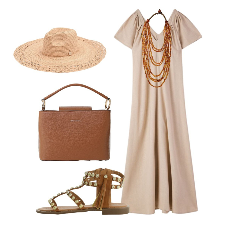 Outfit donna - Colori naturali, terrosi. Stile Glamour per Mare. Abbinamento con vestiti lunghi, cappelli, collane, borse a secchiello, sandali.