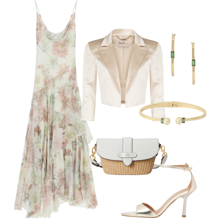 Outfit donna - Un dolce tramonto. Stile Romantica per Serata fuori. Abbinamento con sandali in pelle, bolero, vestiti lunghi, borse a spalla, orecchini, braccialetti.