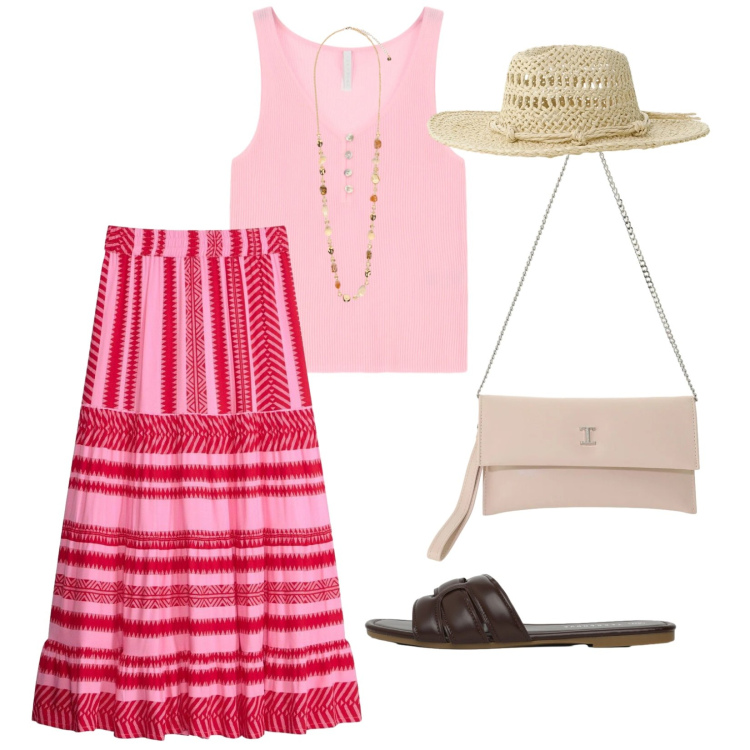 Outfit donna - Luglio. per Tutti i giorni. Abbinamento con gonne lunghe, ciabatte, collane, cappelli, borse a tracolla, canottiere.