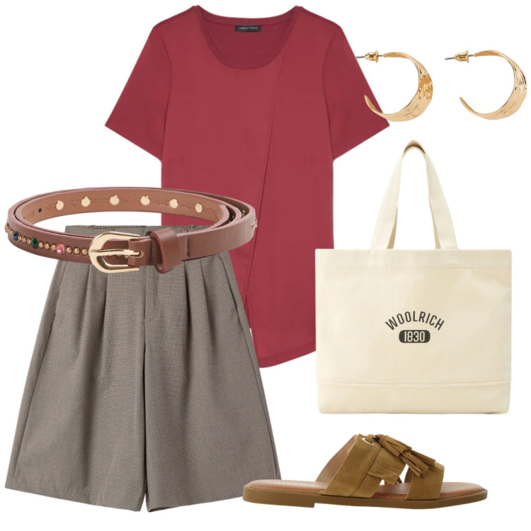 Outfit donna - Colori speziati. per Tutti i giorni. Abbinamento con orecchini, bermuda, cinture, sandali, t-shirt, borse tote.