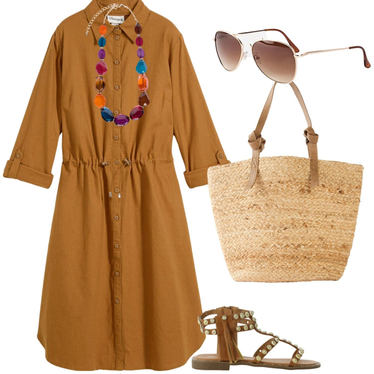 Outfit donna - Estate. per Tutti i giorni. Abbinamento con occhiali da sole, vestiti chemisier, shopping bag, sandali, collane.