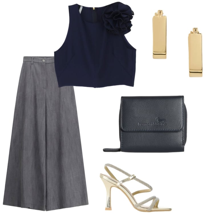 Outfit donna - Aperitivi estivi. per Serata fuori. Abbinamento con portafogli, orecchini, top, pantaloni a palazzo, sandali col tacco.
