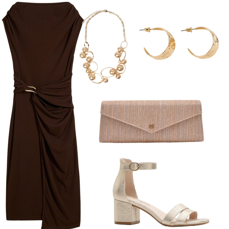 Outfit donna - Aperitivo time. per Serata fuori. Abbinamento con vestiti midi/longuette, sandali col tacco, orecchini, pochette, collane.