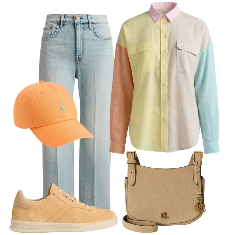 Outfit donna - Total look #2435133. Stile Urban per Tutti i giorni. Abbinamento con camicie, jeans dritti, borse a tracolla, cappelli con visiera, sneakers.