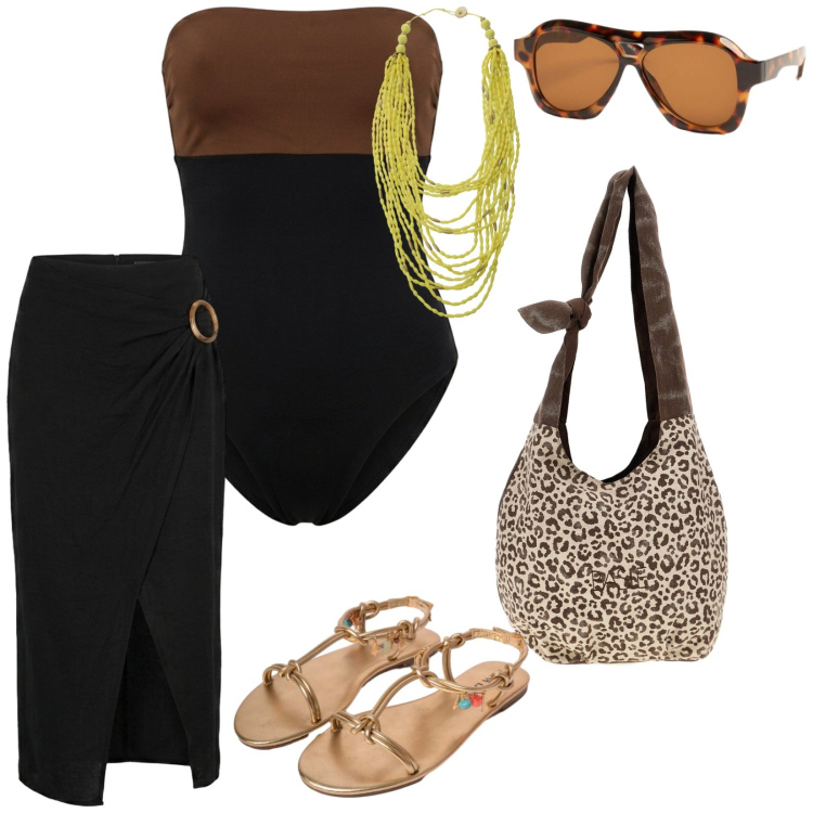 Outfit donna - Sun style. per Mare. Abbinamento con gonne longuette, costumi interi, sandali in pelle, occhiali da sole, collane, borse a spalla.