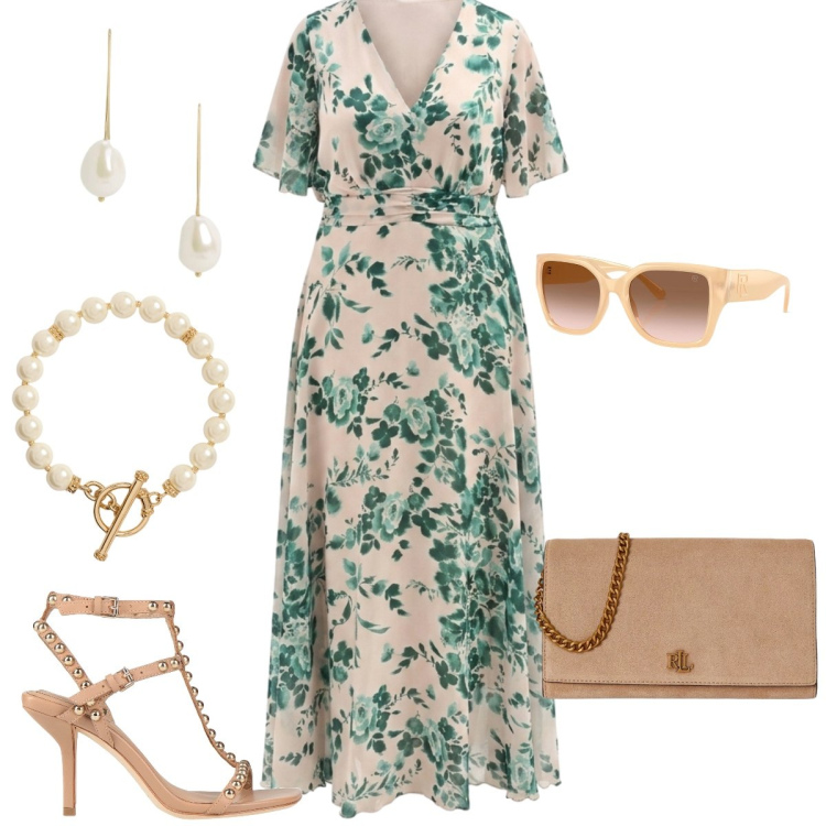 Outfit donna - Total look #2435141. Stile Chic per Tutti i giorni. Abbinamento con sandali in pelle, vestiti lunghi, occhiali da sole, collane, borse a tracolla, orecchini.