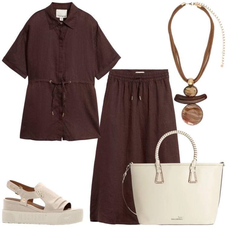 Outfit donna - Total look #2435147. Stile Casual chic per Tutti i giorni. Abbinamento con camicie a manica corta, gonne lunghe, sandali, shopping bag, ciondoli.