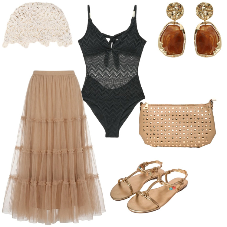 Outfit donna - Aperitivo. per Serata fuori. Abbinamento con cappotti, orecchini, costumi interi, gonne lunghe, sandali in pelle, borse a spalla.