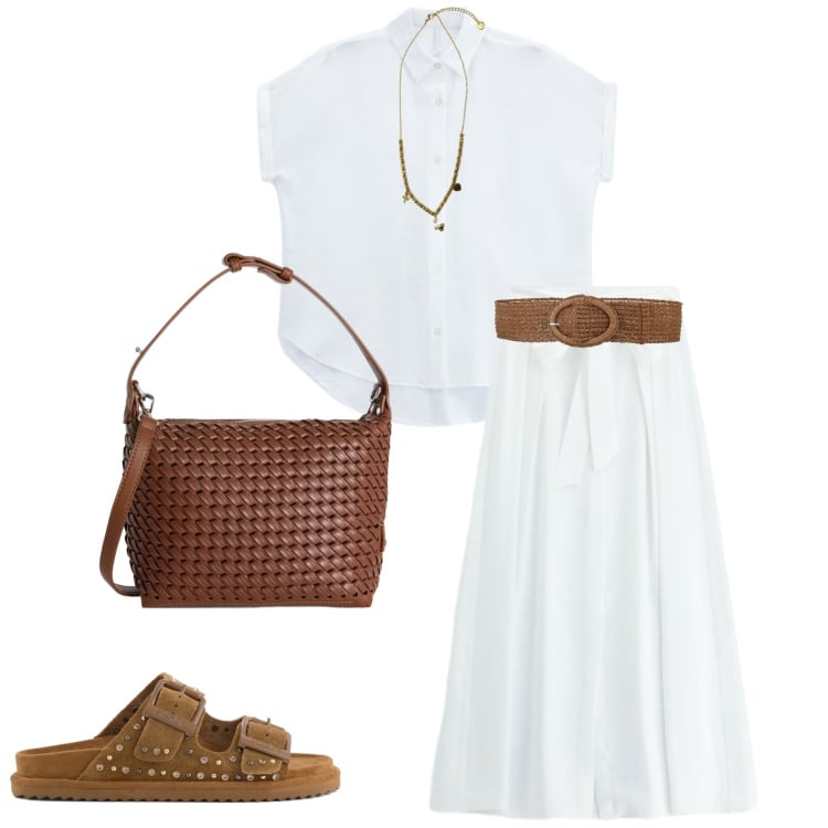 Outfit donna - Bianco contro il caldo. Stile Casual chic per Tutti i giorni. Abbinamento con cinture, borse a spalla, ciondoli, gonne lunghe, camicie a manica corta, sandali in pelle.