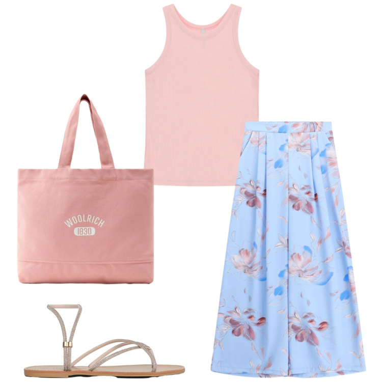 Outfit donna - Luglio. Stile Casual chic per Tutti i giorni. Abbinamento con sandali, pantaloni a palazzo, canottiere, borse tote.