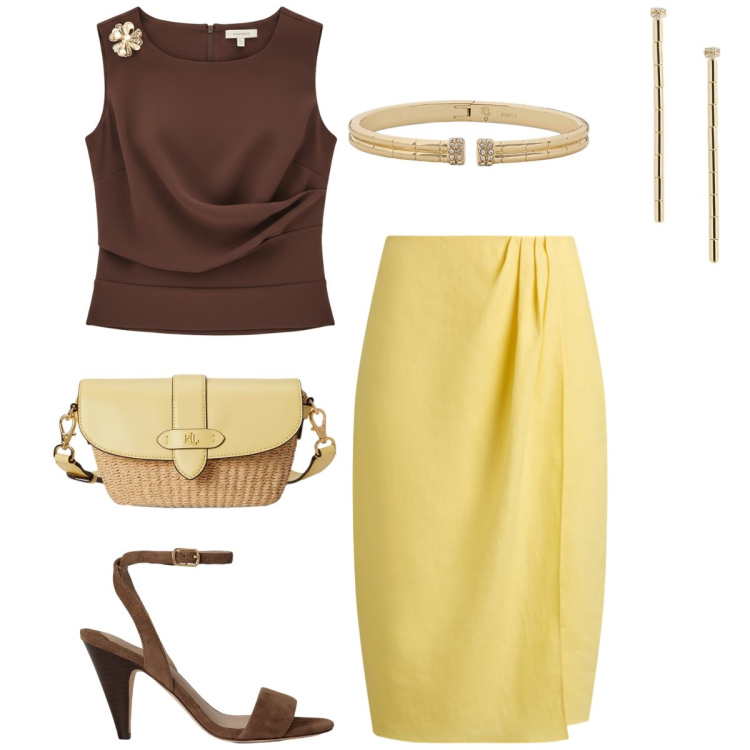 Outfit donna - Total look #2435155. Stile Chic per Serata fuori. Abbinamento con top, gonne, orecchini, braccialetti, sandali in pelle, borse a tracolla.