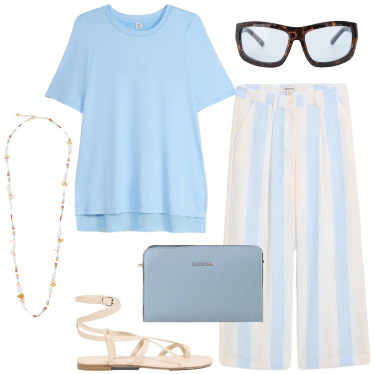 Outfit donna - Total look #2435156. Stile Casual per Tutti i giorni. Abbinamento con pantaloni a palazzo, t-shirt, sandali, collane, occhiali da sole, borse a tracolla.