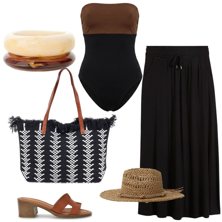 Outfit donna - Total look #2435160. Stile Casual chic per Mare. Abbinamento con gonne, braccialetti, costumi interi, cappelli, sandali col tacco, borse tote.