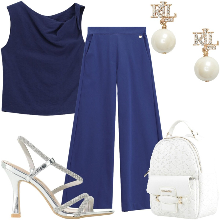 Outfit donna - Aperitivo al tramonto : blu chic. Stile Chic per Serata fuori. Abbinamento con zaini, pantaloni a palazzo, canottiere, sandali col tacco, orecchini.