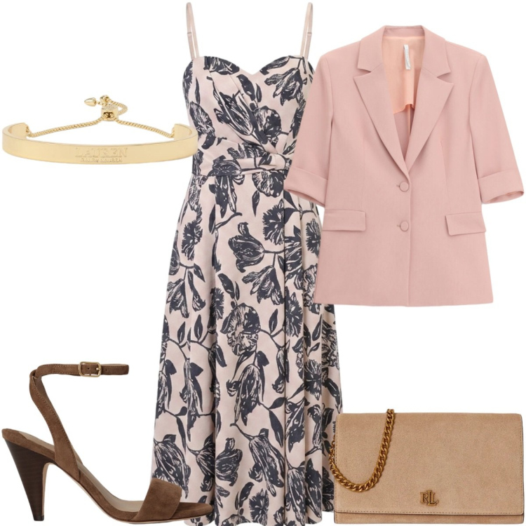 Outfit donna - Aperitivo al tramonto : romantica. Stile Romantica per Serata fuori. Abbinamento con borse a tracolla, braccialetti, sandali in pelle, vestiti midi/longuette, blazer.