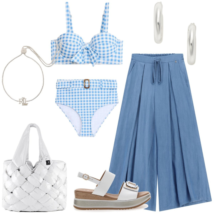 Outfit donna - Total look #2435163. Stile Bon Ton per Mare. Abbinamento con bikini, pantaloni a palazzo, orecchini, braccialetti, borse tote, sandali.